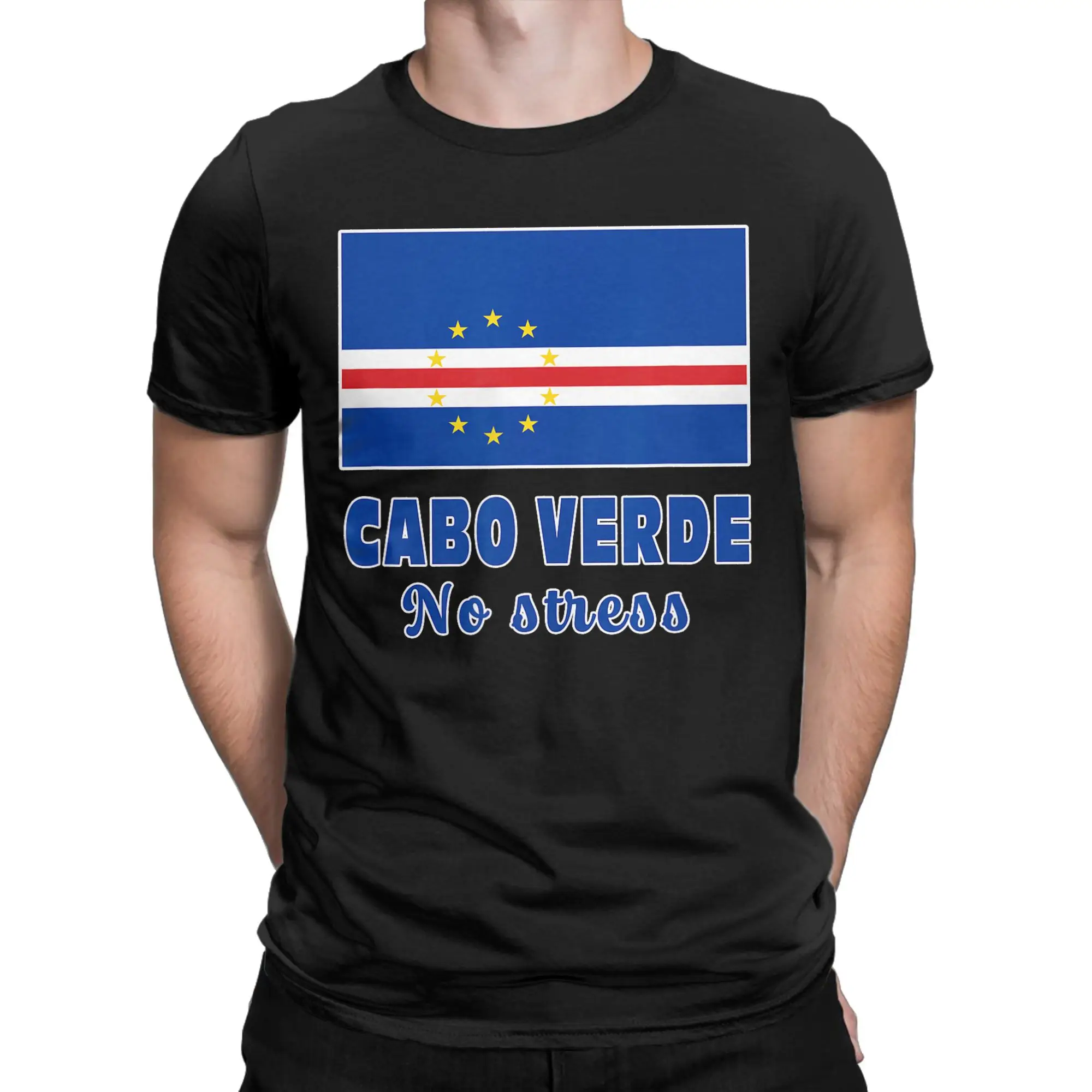 Cabo Verde Flag with Motto of Cape Verde NO Stress T Shirt Man  T Shirts Round Neck Harajuku Tees Cheap Oversized Clothing