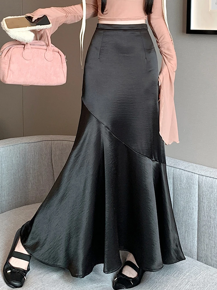 Elegant Satin Long Black Skirts Women 2025 Korean Fashion Clothing High Waist Faldas Largas Slim Streetwear Mid Length y2k Skirt