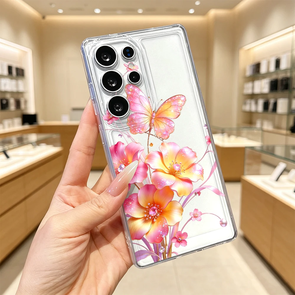 Sparkly Butterfly Flowers Shockproof Clear Soft Case For Samsung Galaxy S26 S25 S24 S23 S22 Ultra FE A15 A16 A24 A35 A54 A55 A57
