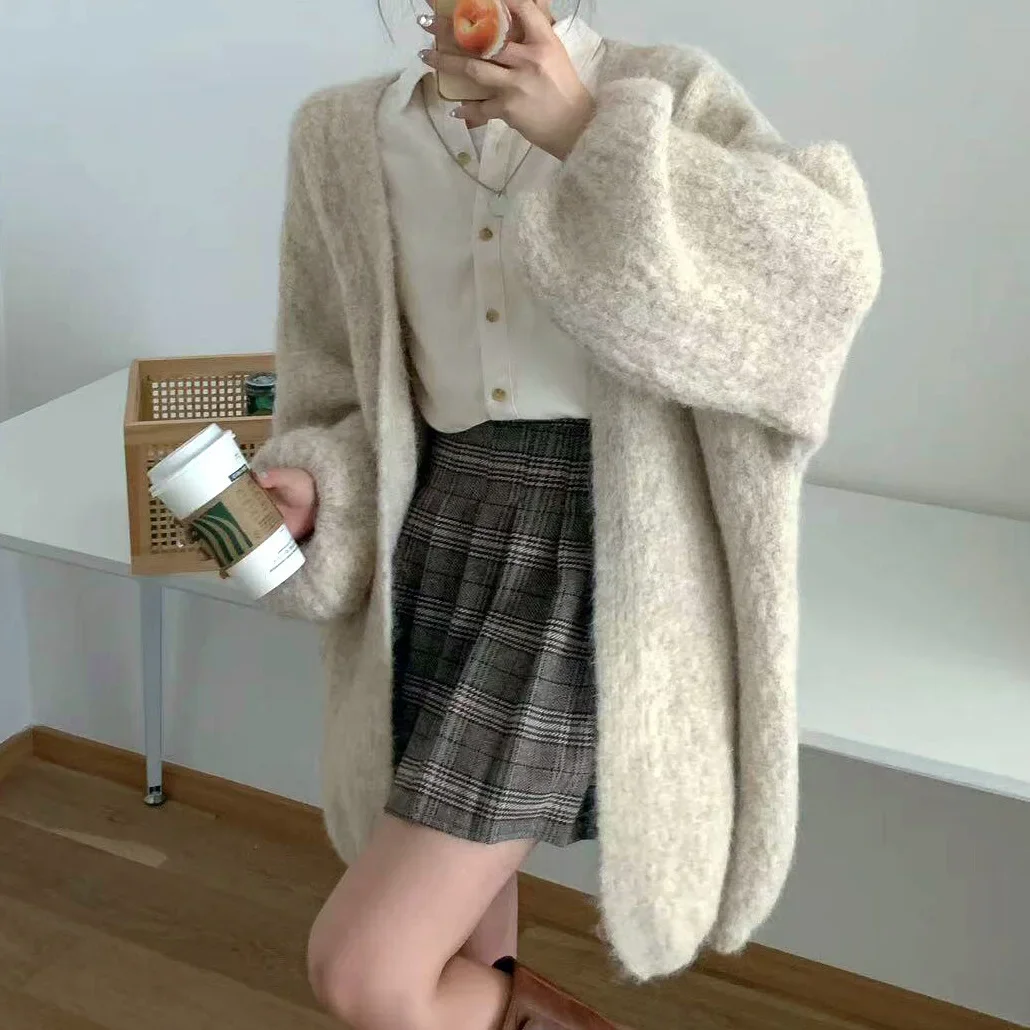 

Korean Lazy Wind Lantern Sleeves Soft Waxy Sweater Jacket Women's Autumn and Winter Loose Style Knitted Cardigan