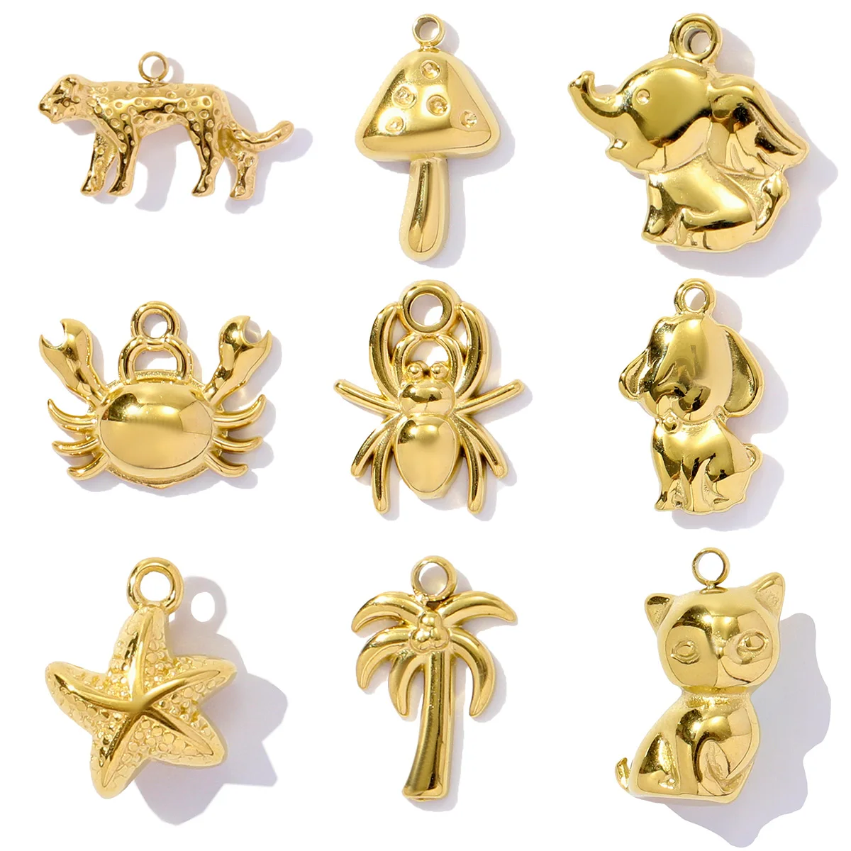 3 Stück/Set Tier-Anhänger aus Edelstahl: Spinne, Leopard, Seestern, Muschel, Elefant - DIY Charms für Schmuckherstellung, Damenschmuck