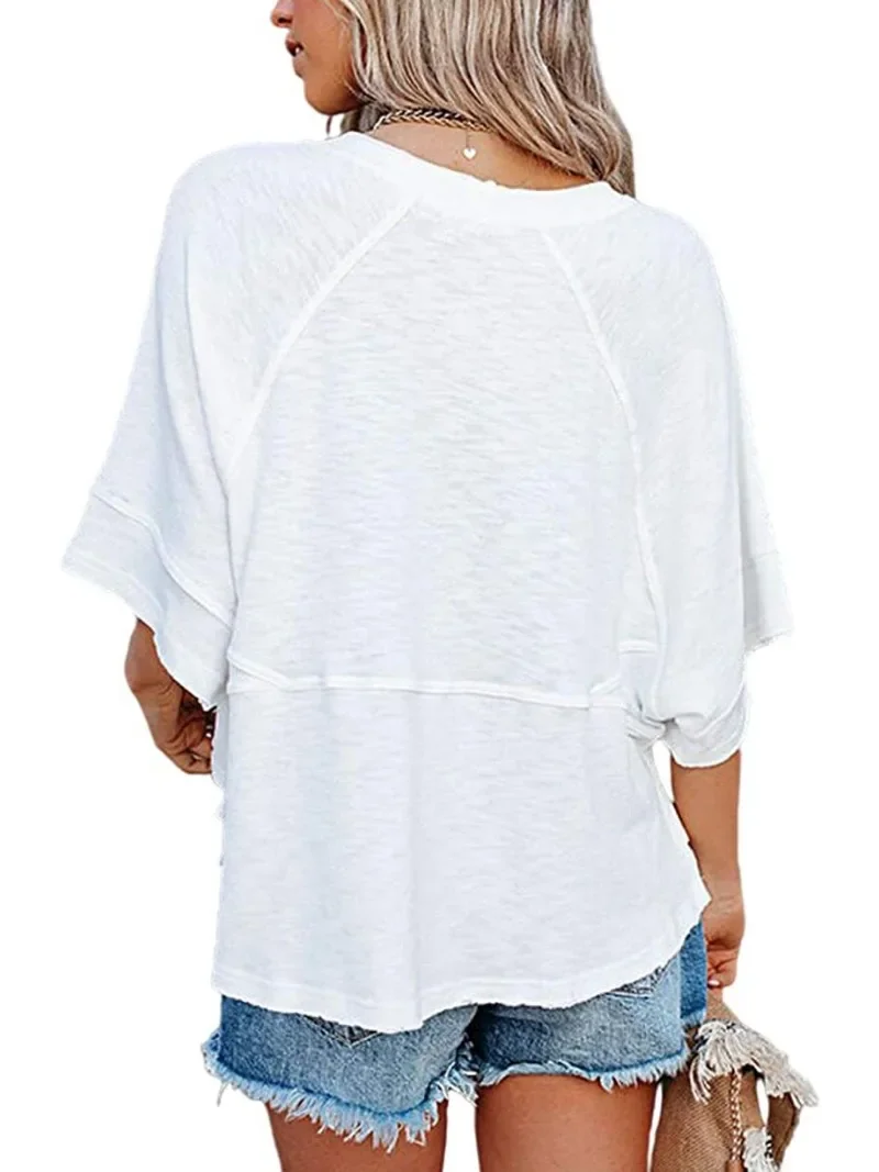 New Summer Women\'s Fashion Patchwork Solid Color Flared Sleeves Casual Loose T-shirt Top Women\'s Clothing