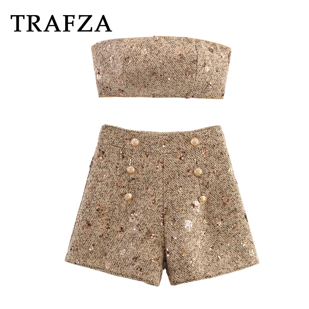 

TRAFZA Chic Plaid Streetwear Sequined Women Suits Strapless Sexy Short Top+High Waist Mini Shorts Fashion 2025 Y2K Mujer Sets