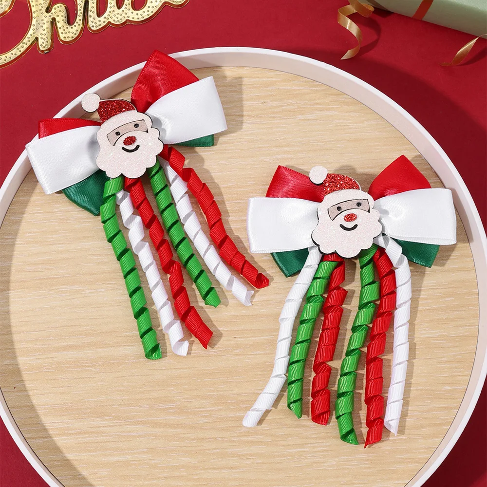 Pinzas para el pelo con lazo de Papá Noel para niña, horquillas con borlas y cinta rizada de Reno, accesorios para fiesta de Navidad, 2 uds.