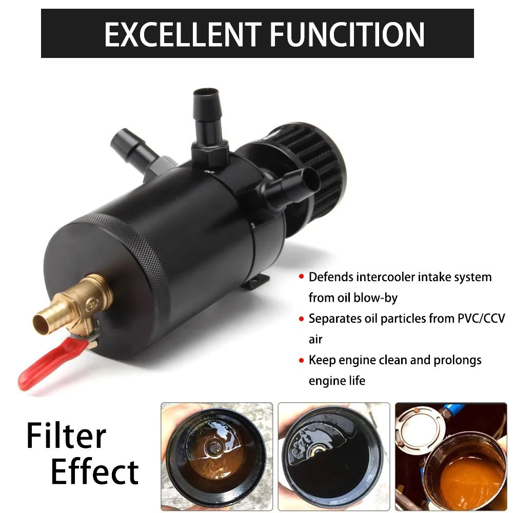 Universal Car 3-Port Oil Catch Can Tank Separator 1 Outlet + 2 Inlet With Breathing Filter And Oil Drain Valve Filter Kit