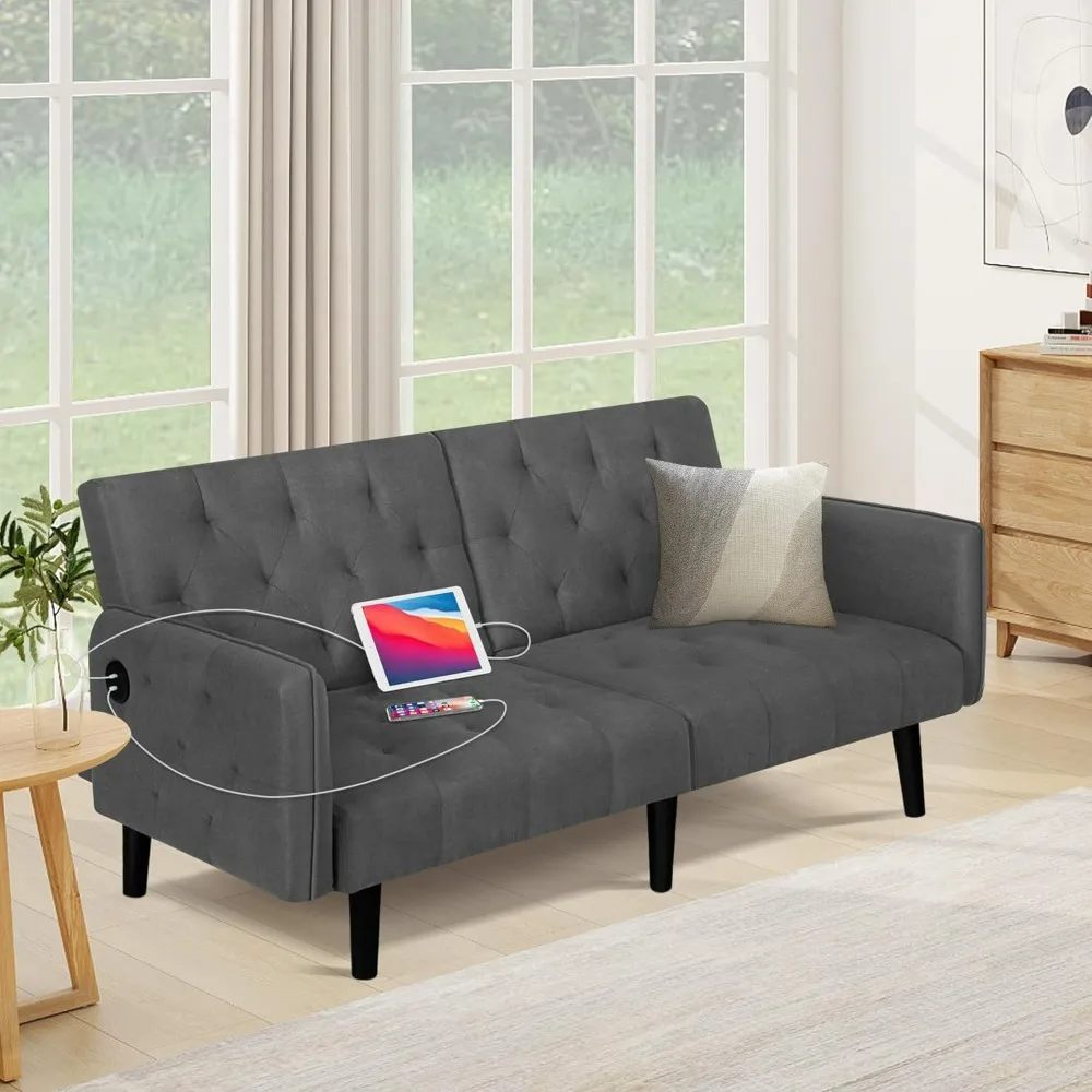 sofa, Convertible Futon Tufted Small Adjustable Folding Couch Loveseat, Mid Century Faux Leather Sleeper Sofa for Living Room image 2