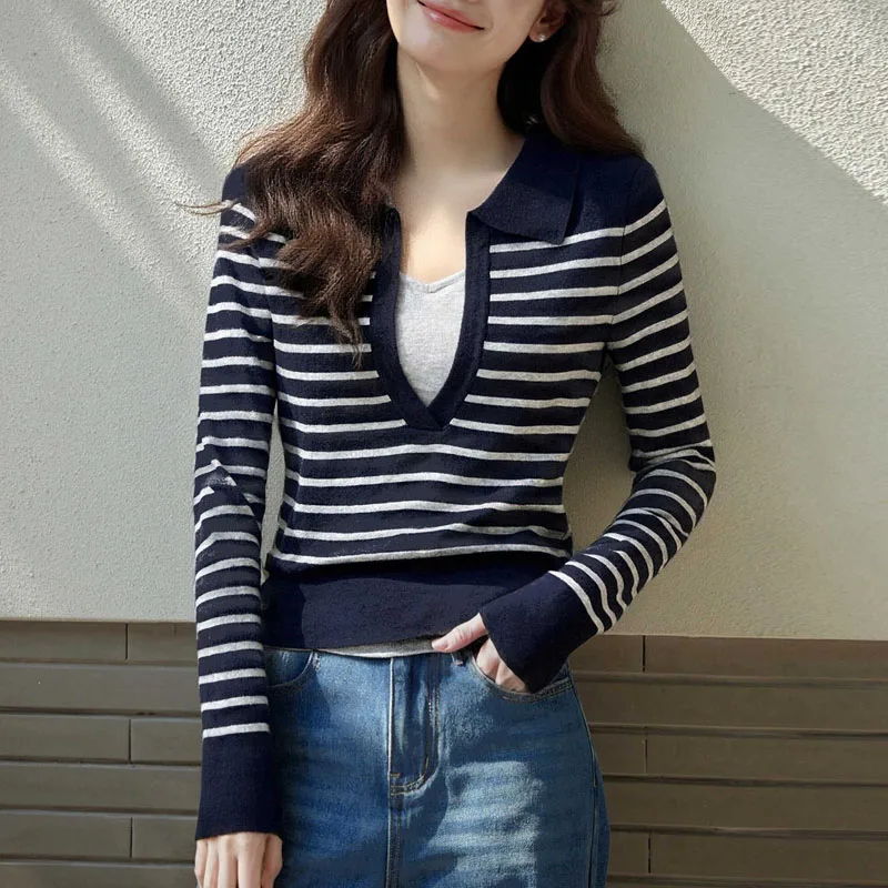 

Sueter Feminino Turn Down Collar Knitted Sweater Women Pullovers New Long Sleeve Striped Knit Sweater Pullover Women Tops Q2133
