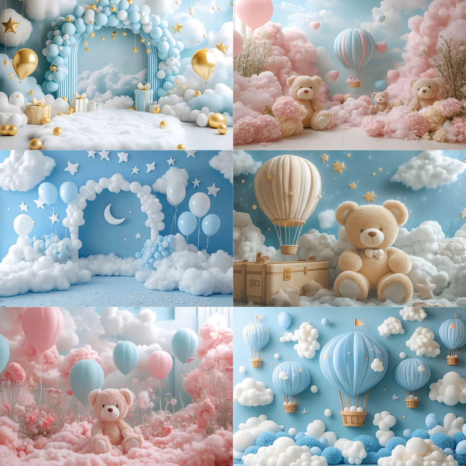 Cute Teddy Bears Soft Clouds Theme Background Newborn Baby Birthday Party Decoration Blue Sky Hot Air Balloon Kids Cake  Gift