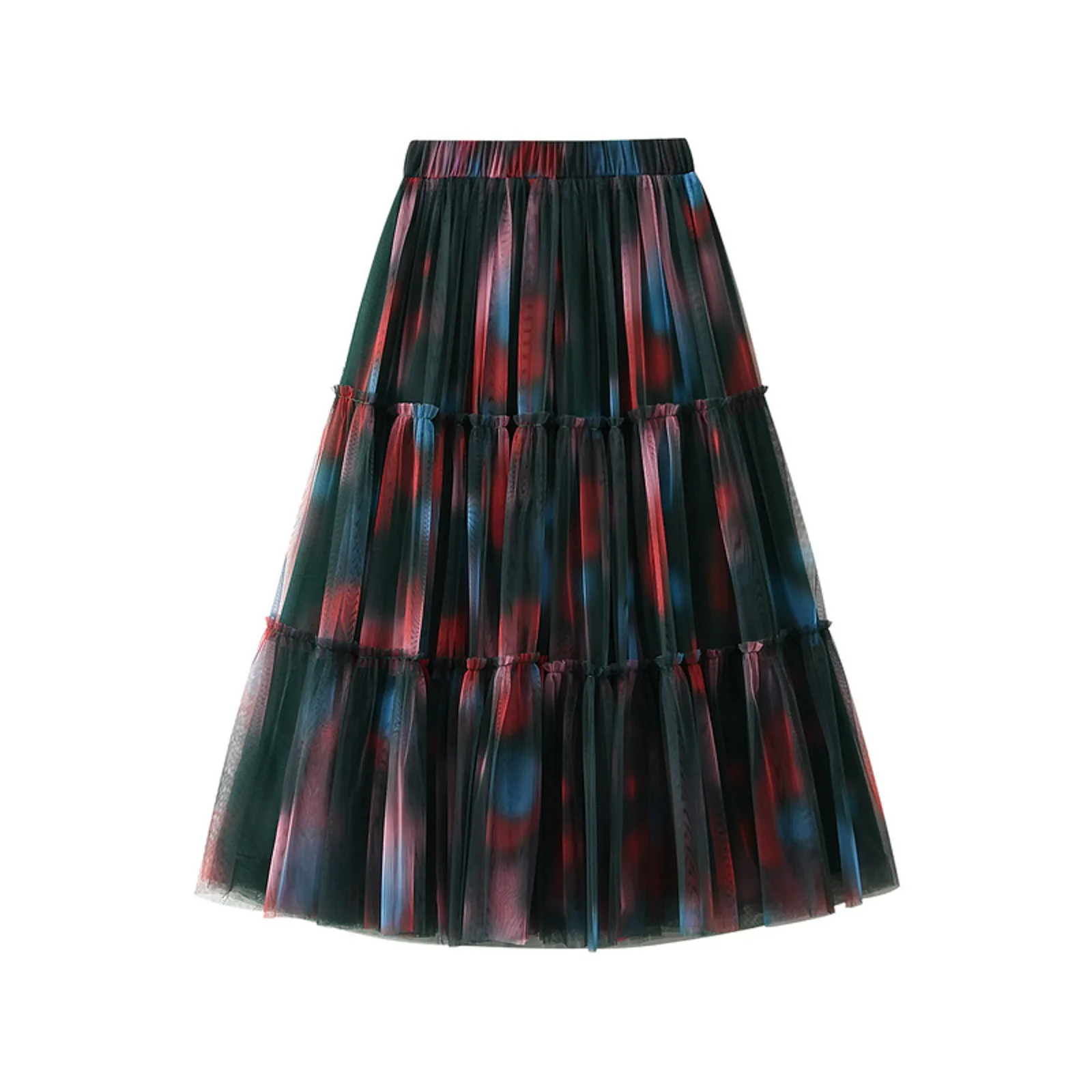 

2024 New Mesh Skirt Tie Dyed Gradient High Waist Slimming Large Size Cake Skirts Extra Large Flap Folded Spliced Half Dress