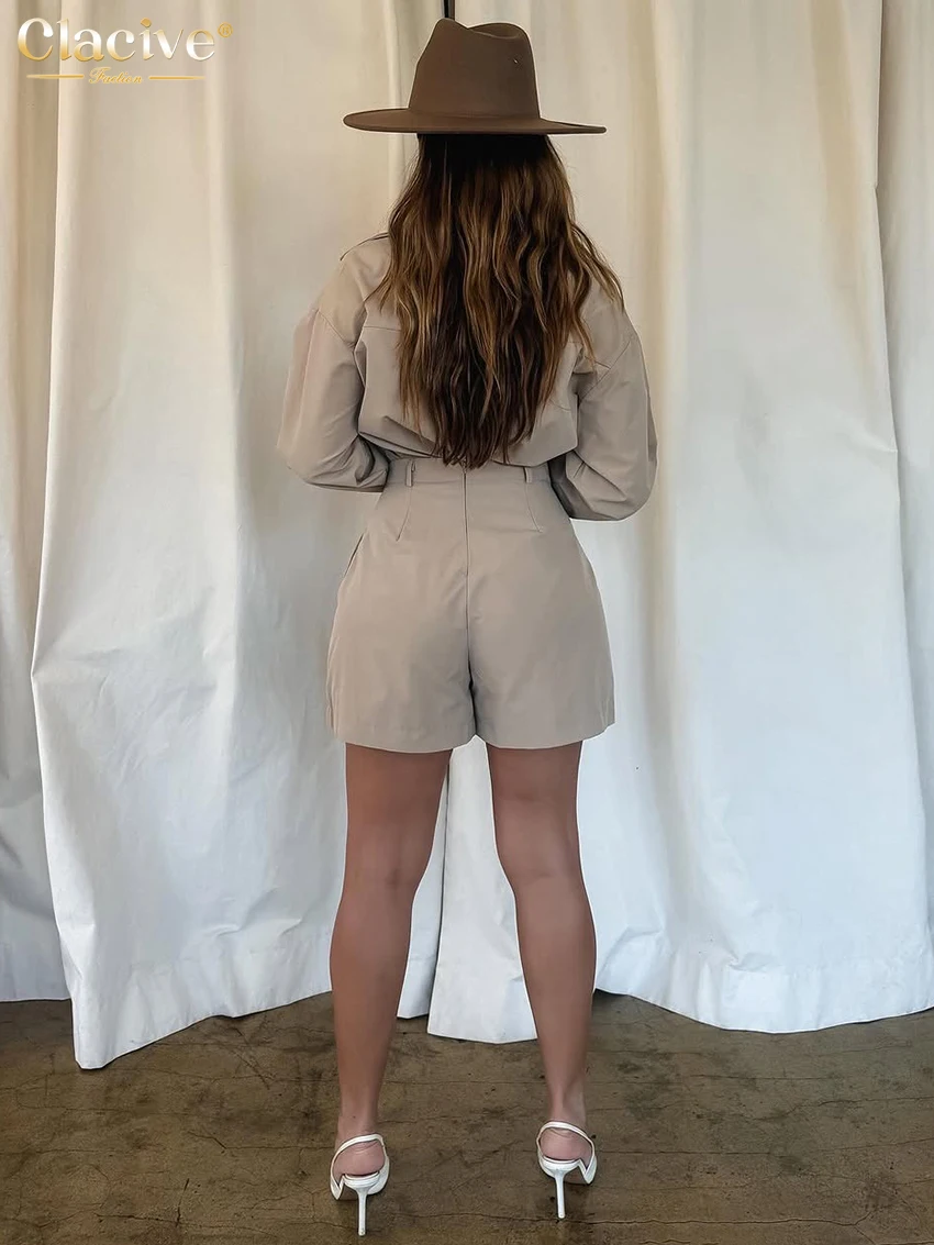 Clacive Fashion Loose Khaki Cotton Women's Two Pieces Set Elegant Long Sleeve Shirt With High Waist Shorts Set Female Streetwear
