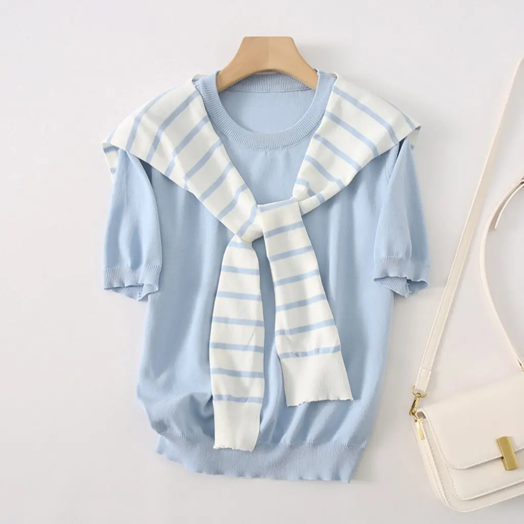 

B1Yue-23257 Shawl Knit Top for Women Korean Style Summer New Gentle Color Wholesale Candy Color T-shirt