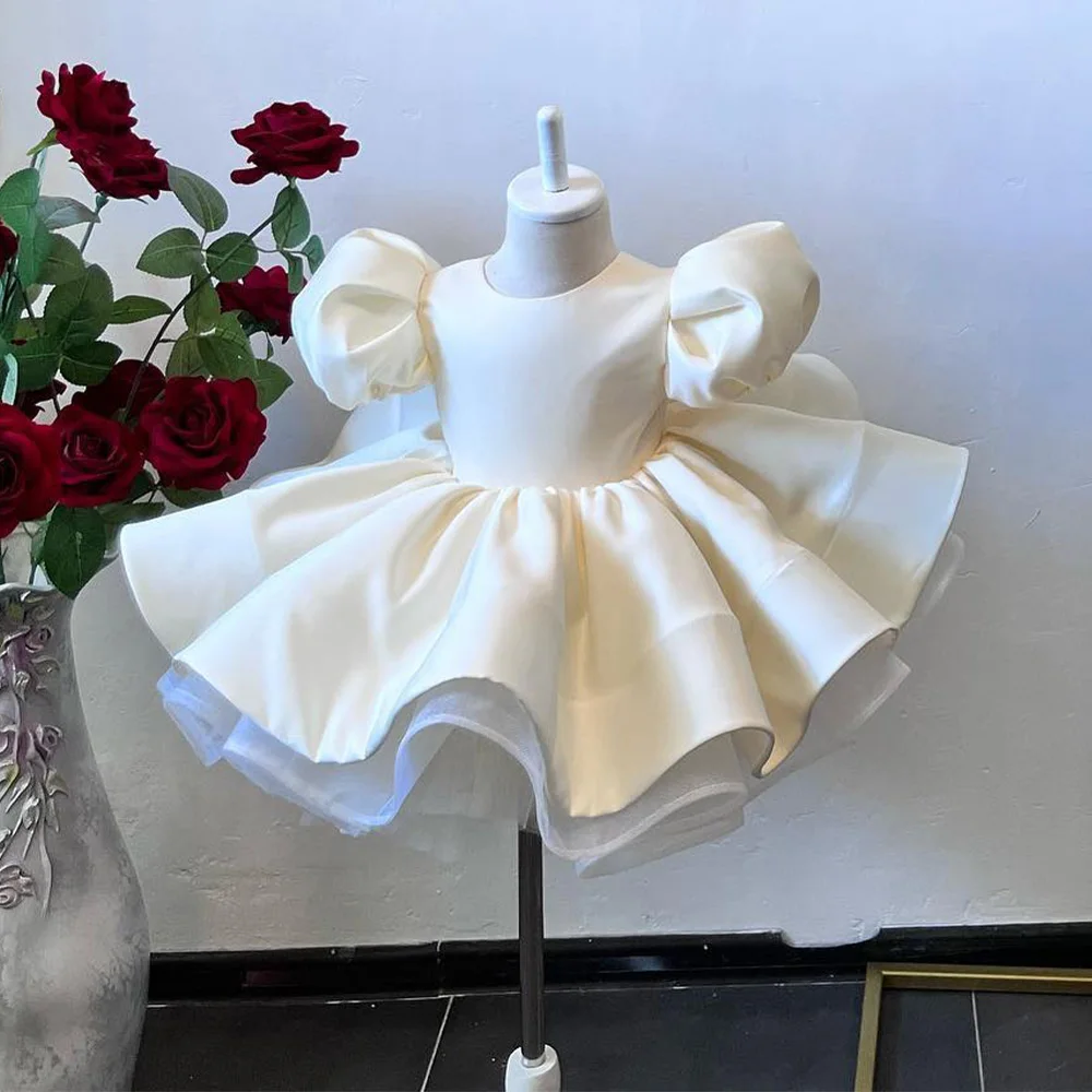 Flower Girl Dresses Beige Satin Short Puff Sleeves O Neck Kid's Birthday Cloth for Wedding Ball Gown Baby Formal Party Gown Mini