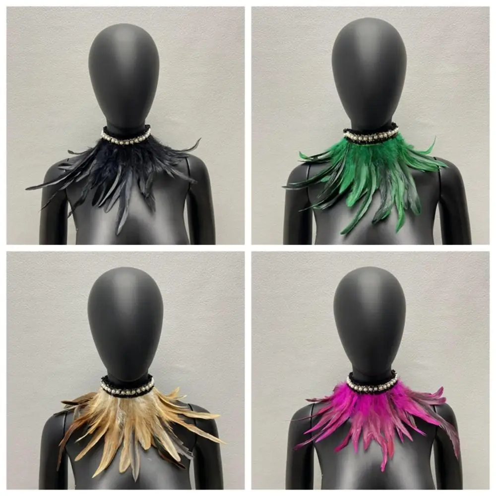 Faux Feather Scarf Faux Pearl Decor Adjustable Lace-up Ribbon Cosplay Party Stage Performance Feather Collar Costume Accessories