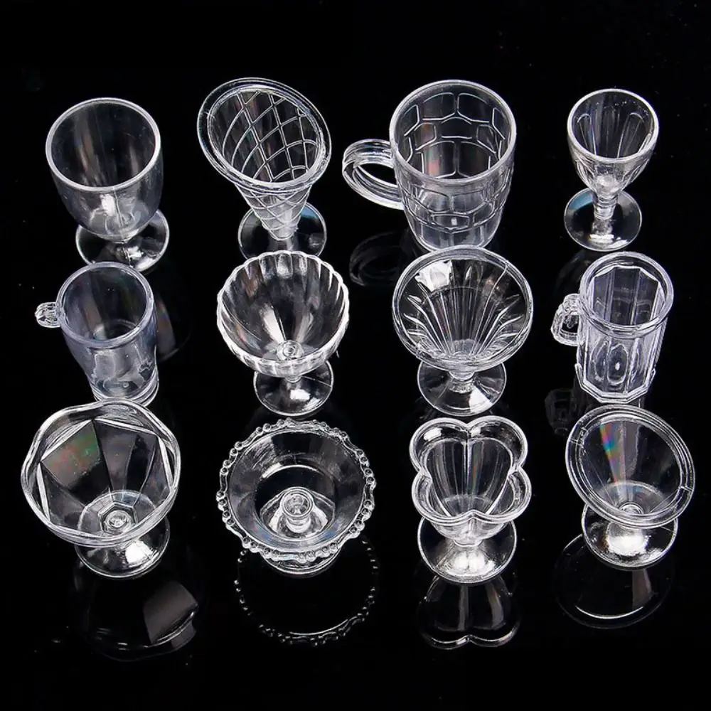 12pcs/lot Transparent Plastic Model Miniature Cup Ice Cream Bowl Kitchen DIY Toys Simulation Cookware Dollhouse Accessories