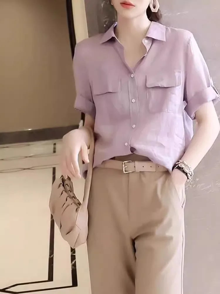 

Faionable ort Sve Loose Fit Single Button Design Summer irt Ele Korean Sle Straight Cut Silk Top for Younger Look