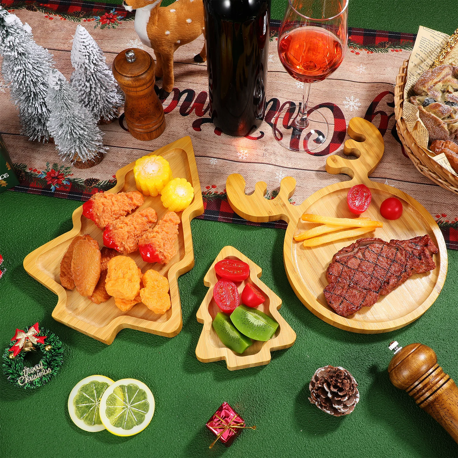 

3pcs Christmas Deer Plate Xmas Tree Shaped Wood Serving Tray For Dessert Fruit Snack Appetizer Holiday Party Decoration