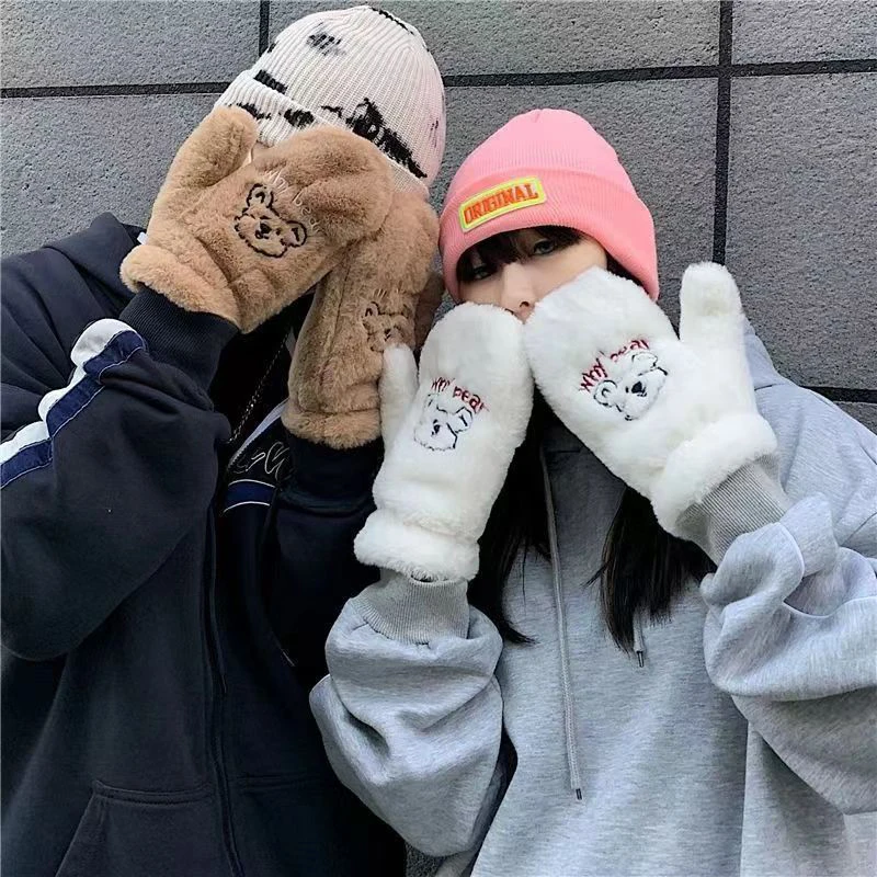 

Bear Embroidery Soft Plush Gloves Women Winter Warm Thicken Fingerless Mittens Girls Students Outdoor Warmer Gifts Hand Guards