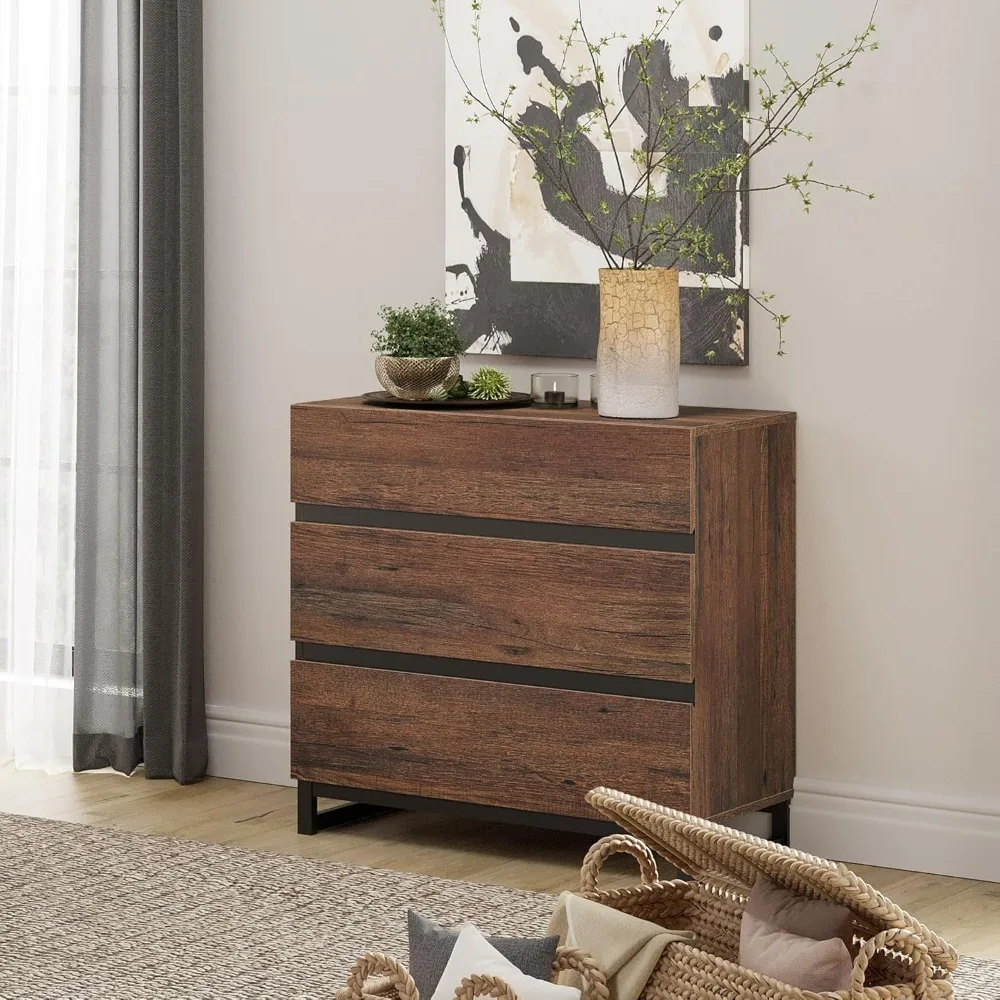 Cômoda moderna de madeira com 3 gavetas e base de metal para armazenamento de quarto e armário