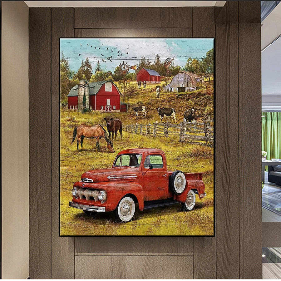 Diamond Mosaic round drill Rural Ranch Car Landscape Cross Stitch Diamond Art Painting Full Square Decor For Home