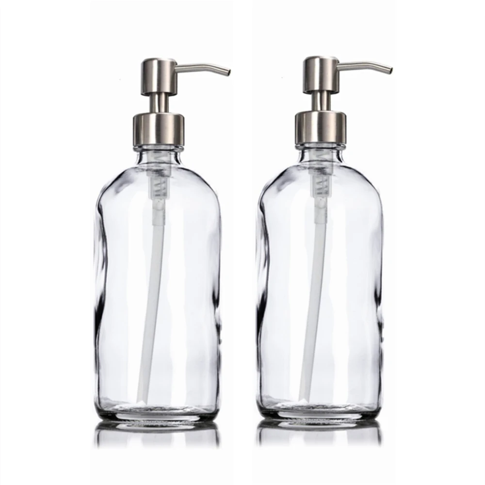 Clear Glass Soap Dispenser Set, Banheiro, Cozinha, Prato de Mão, Matt Black, Bomba de Aço Inoxidável, 16oz, 500ml, 2Pcs