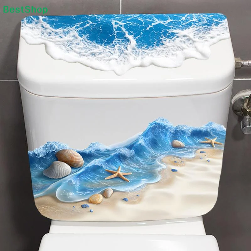 

Наклейка на унитаз в стиле пляжных волн, 3D-декор с морскими ракушками и морскими звездами, водонепроницаемая наклейка для декора ванной комнаты