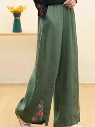 Chinese Style Vintage Embroidery Cotton Linen Wide Leg Pants Women's Summer High Waist Loose Straight Female Trousers Pantalones