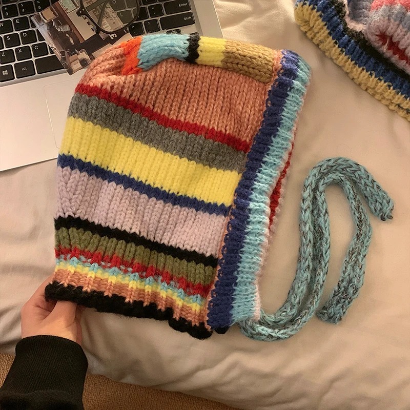 Chapeau en laine tricoté à lacets pour femmes, mignon et coloré, cagoule, protection des oreilles, couverture chaude, chapeau de bombardier froid, automne hiver