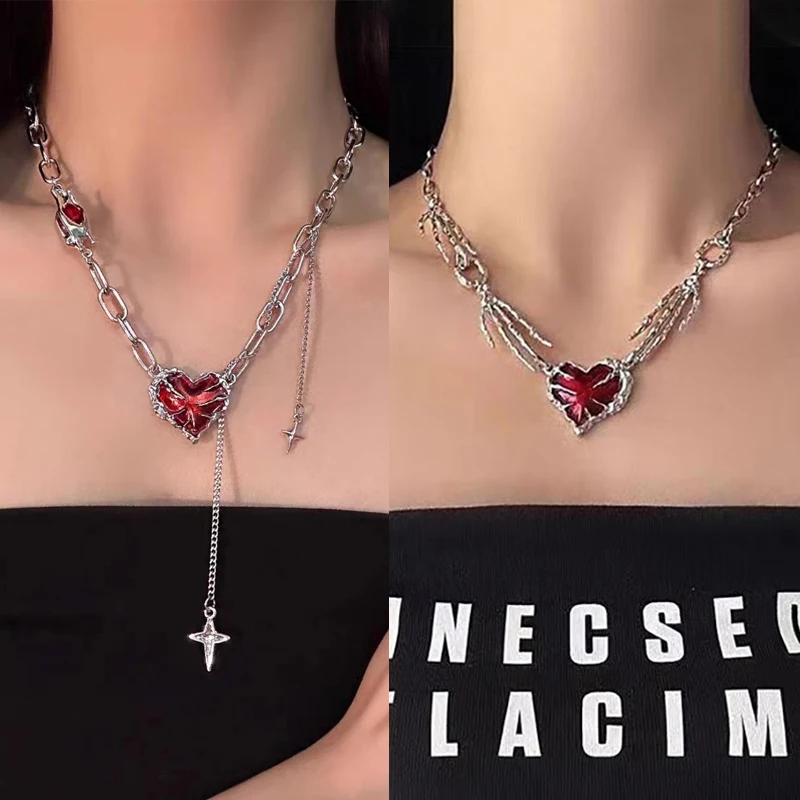 Punk Trend Red Heart Ghost Claw Star Chain Tassel Necklace Gothic Men and Women Couple Party Personalized Jewelry Accessories