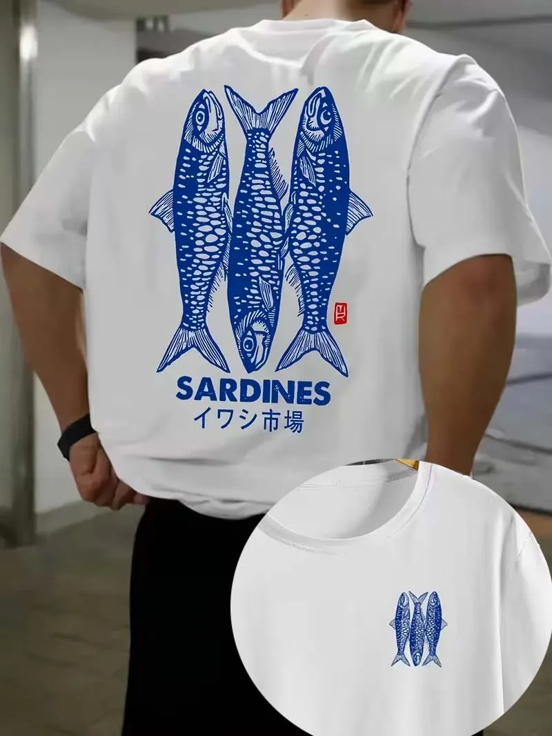 Camiseta gráfica de sardinas japonesas para hombre, camiseta retro con estampado de mercado de pescado, cuello redondo, manga corta, top informal de verano para streetwear