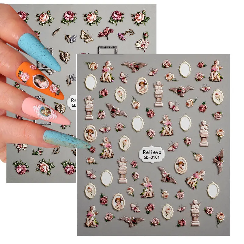 

5D Engrave Nail Sticker Angel Flowers Design For Manicure Self Adhesive Embossed Nails Art Decoration Decals Silder Supplies