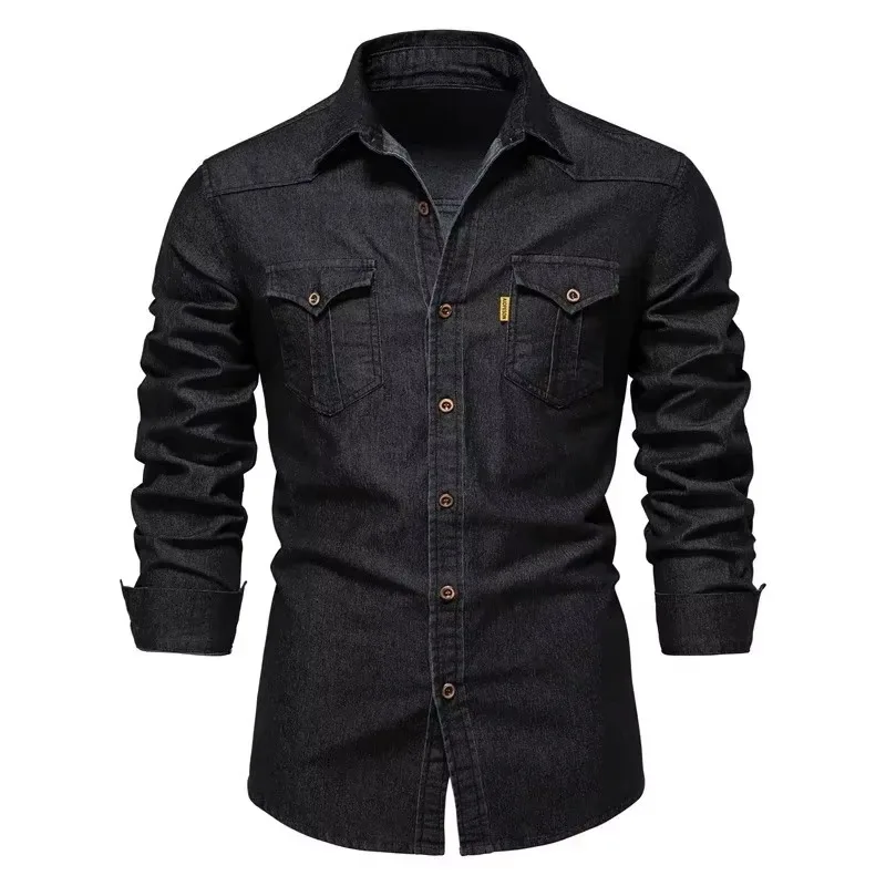 Wrinkle-Free Pure Cotton Heavy Denim Shirt Long Sleeves Casual Men's Work Tops Slim Button Up Solid Color With 2 Flap Pockets