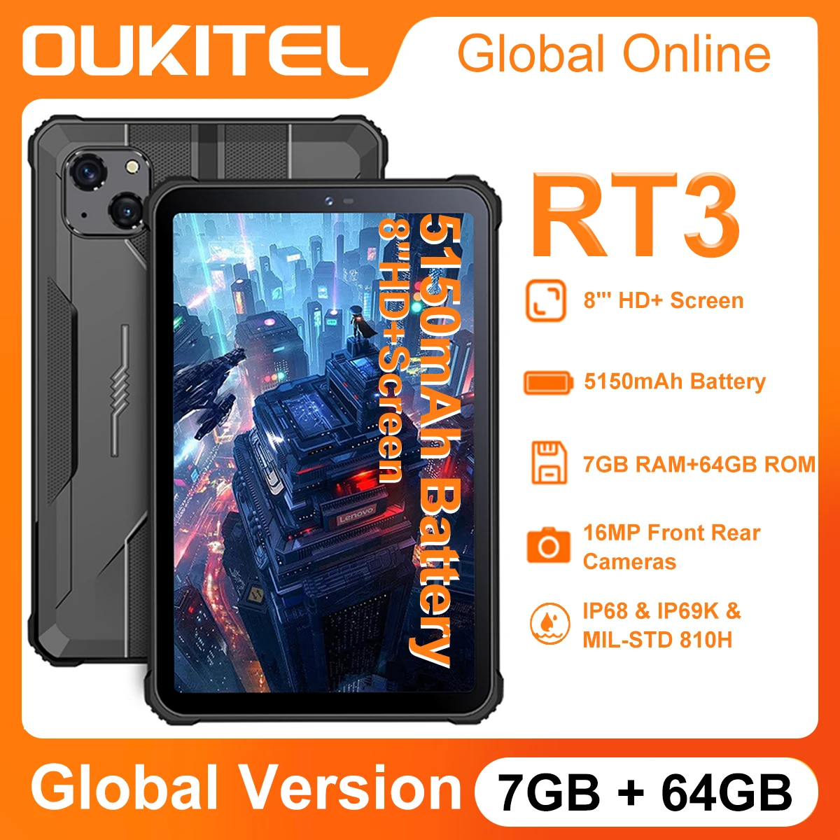 Oukitel RT3 Mini Rugged Tablet 8 Inch HD+ 4GB+64GB 5150mAh Octa Core Android 13 Tablets Mtk Helio P22 MTK Helio P22 16MP Camera