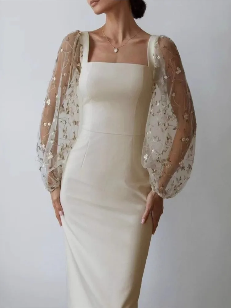

Elegant Dresses 2025 Woman Temperament Vestidos Largos French Dress Simple Style Solid Color Package Hip Patchwork Puff Sleeves