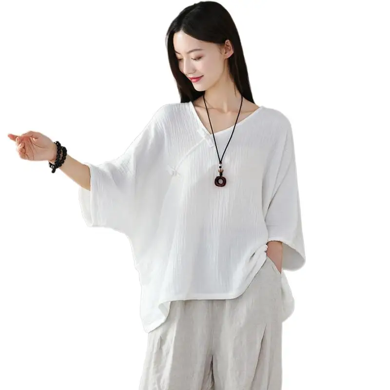 

Women Casual cotton linen Batwing Sleeve Blouse Female Solid Chinese style Tops Ladies Shirt oversize vintage shirts camisas