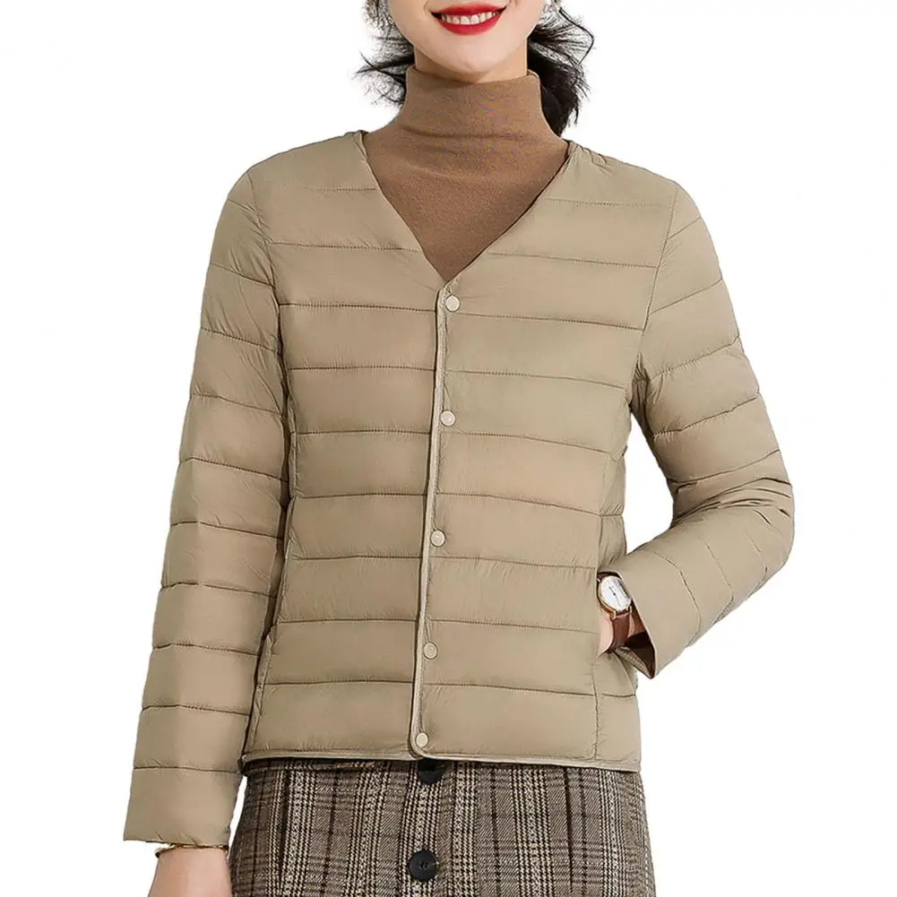 Women Lightweight Coat Stylish Women's V Neck Down Coat Warm Windproof Padded Cardigan for Fall/winter Long Sleeve Solid Color