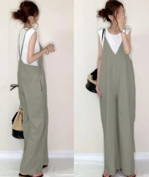 

Japanese Vintage Jumpsuit Women 2024 Casual Solid Button Wide Leg Suspender Pants Summer Loose Overalls Rompers Outfit Clothes