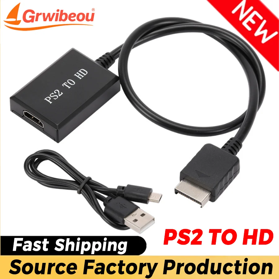 Grwibeou PS2 To HDMI-compatible 1080P Full HD Adapter with 3.5mm Audio Output Supports 480i/480p/576i & All PS2 Display Modes
