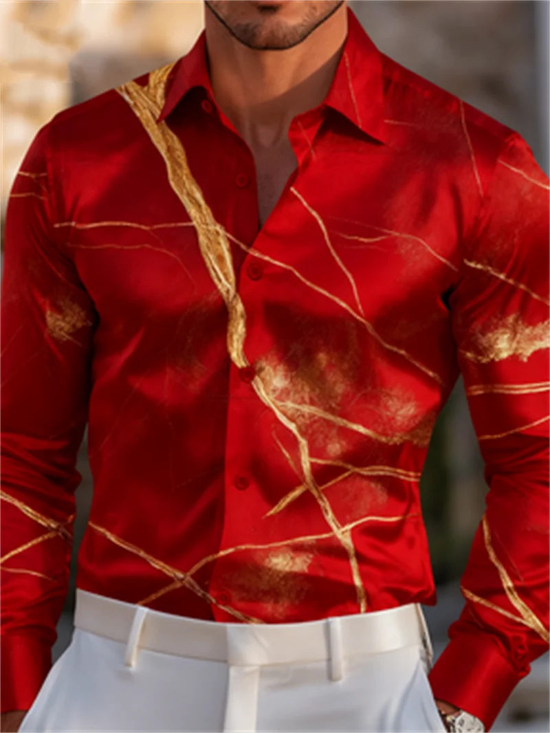 Men Long‑Sleeve Button‑Down Shirt Red Gold Marble Crack Texture Full Print Polyester Lapel Collar Party Top