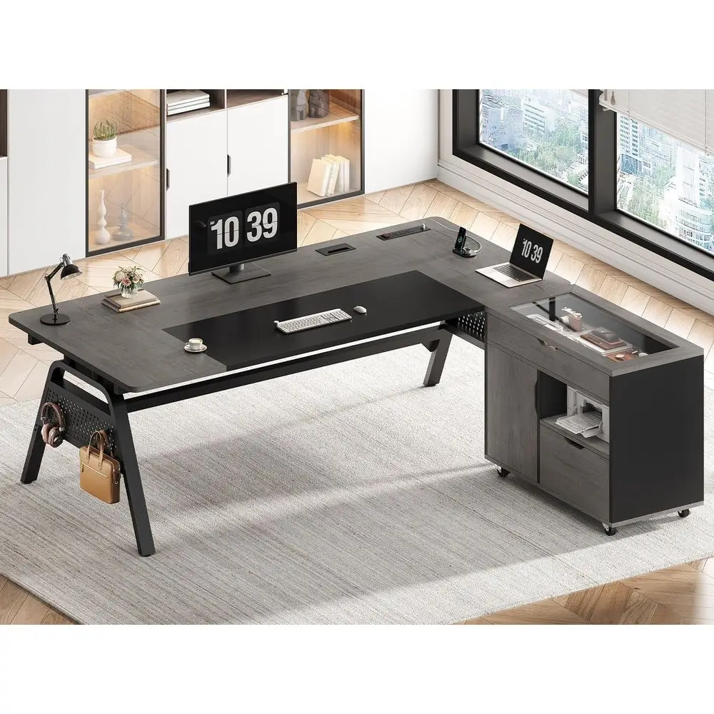 

L-Shaped Desk with Mobile Cabinet, Power Outlets, Storage Shelves, Cable Management, Reversible for Work or Gaming, Black and Gr