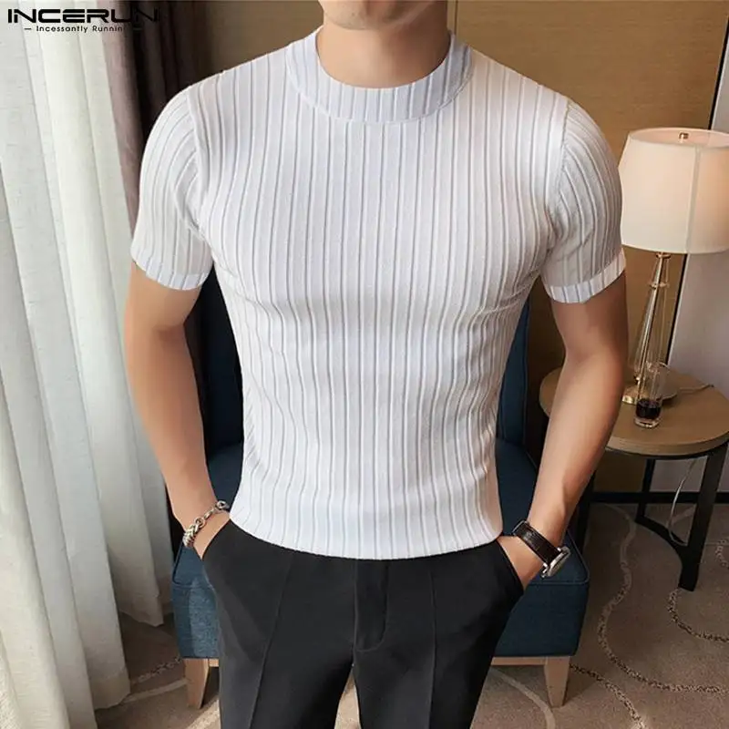 Bella vendita calda top INCERUN uomo Solid Pit Stripe maglieria Camiseta elegante maschio solido elastico manica corta t-shirt S-5XL 2024