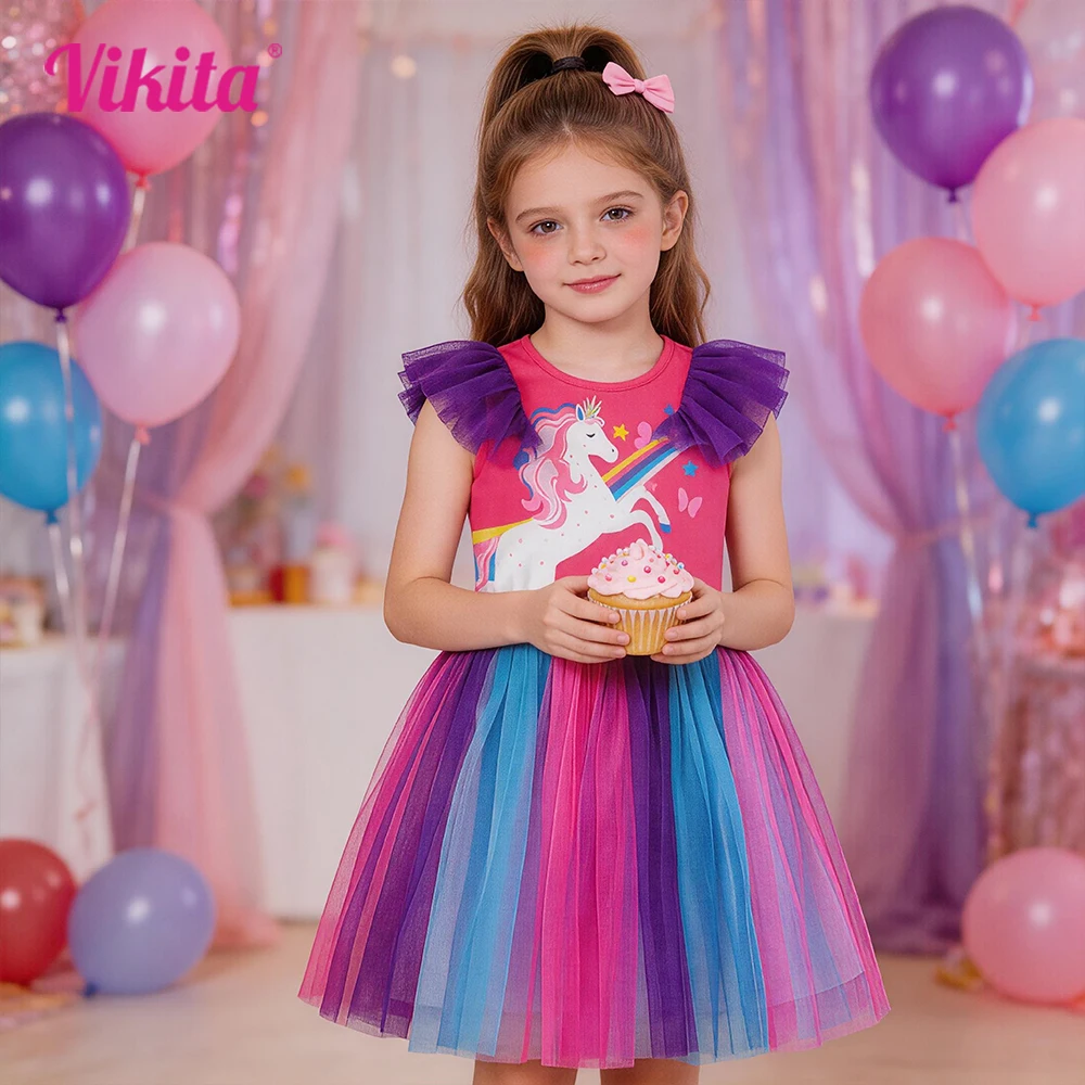VIKITA Mädchen-Kleid mit Einhorn-Motiv, Regenbogenfarben, bunter Farbverlauf, für Kinder, Rüschenärmel, Sommer-Tüll, rosa, lila, niedliches Kleid für Geburtstagsfeiern, Abschlussball