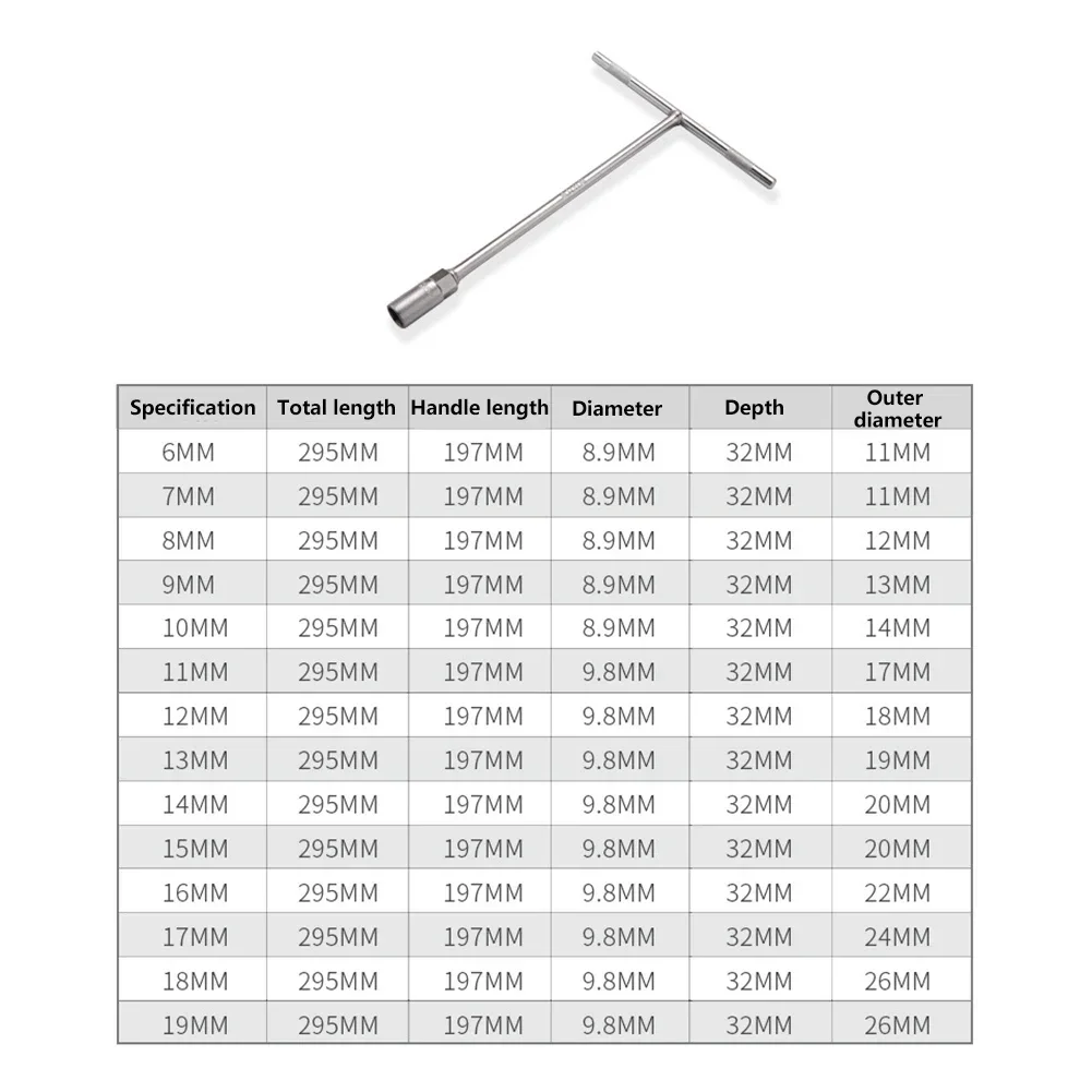 1pc T-type Socket Wrench 8 Sizes 6-19mm  Metric T-handle Wrench Hexagonal Multifunctional Manual Detachable Repair Hand Tool