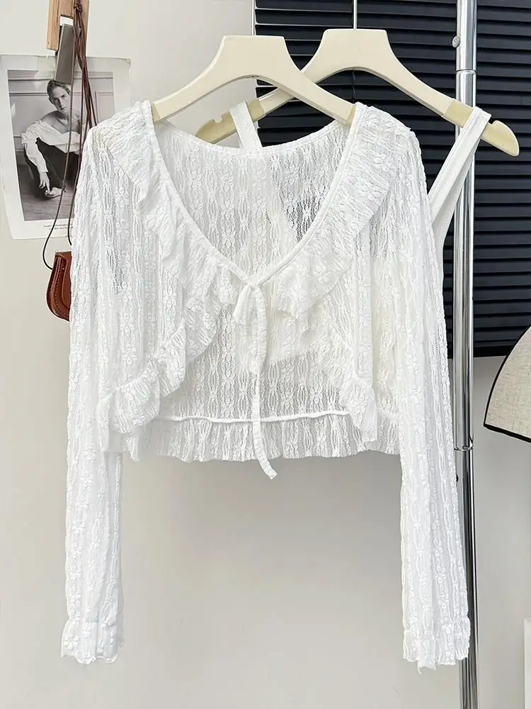 

Retro Color Lace Trim Long Sleeve V-Neck Women's Summer Sun Protection Open Cardigan for Skirts Short Length Cover up