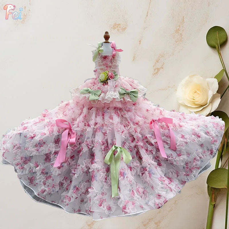 

Pet Dog Clothes Elegant Floral Dress With Detachable Train Original Design Party Wedding Costume For Dog Cat Puppy Formal Gown