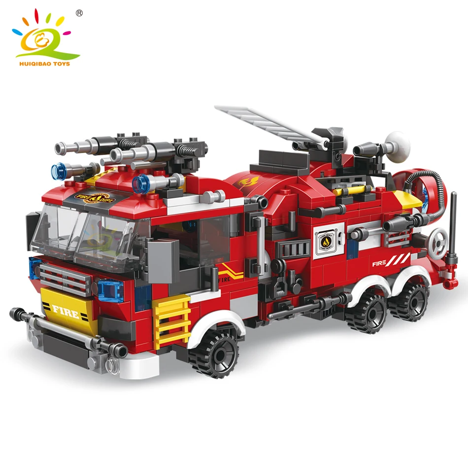 HUIQIBAO 806pcs 8in1 City Fire Truck Model Building Blocks Firefighting Set Fireman Figures Bricks Construction Toy for Children