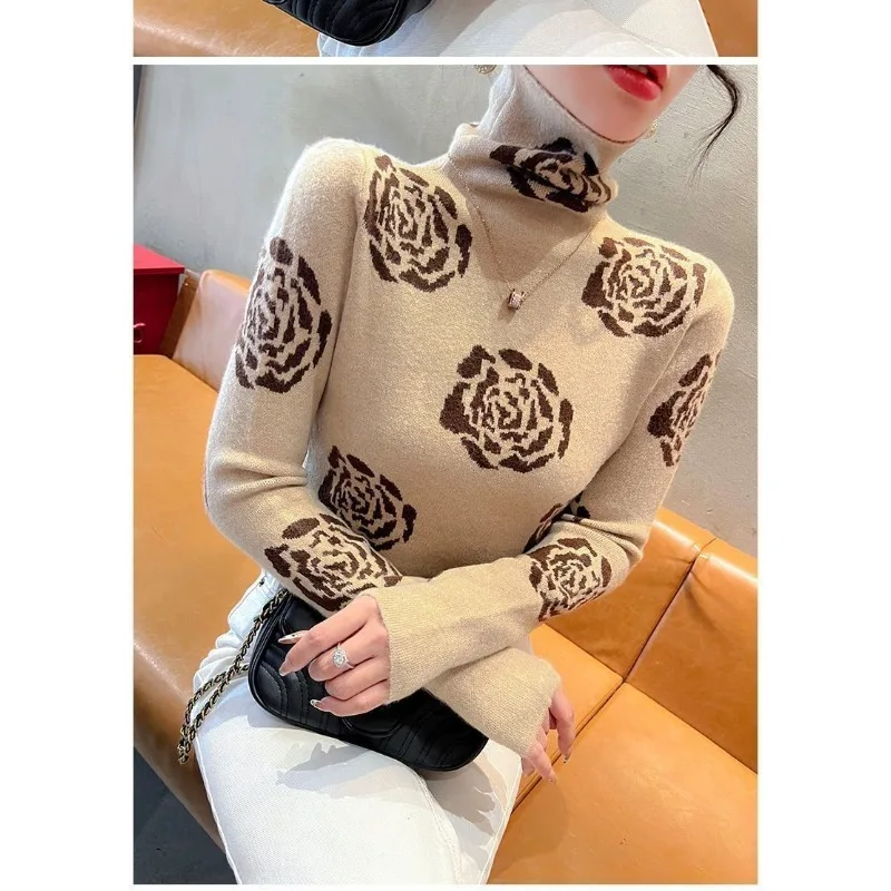 الخريف والشتاء ديف المخملية قاعدة المرأة الجديدة البلوز نصف السلاحف الرقبة طباعة المألوف تنوعا طويلة الأكمام تي شيرت #6