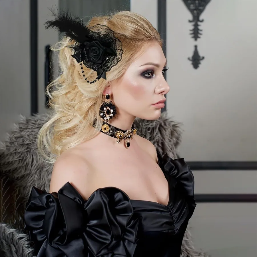 القوطية روز القوس ريشة الدانتيل مع سلسلة اللؤلؤ مشبك شعر اكسسوارات الشعر الزفاف لحفل الزفاف هالوين تأثيري حفلة عيد ميلاد Bl #2