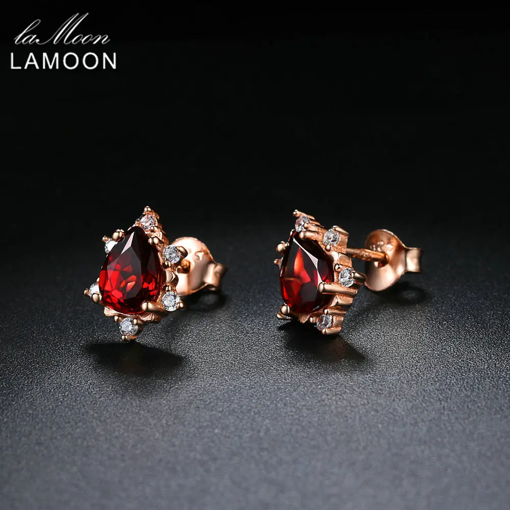 LAMOON 925 Sterling Silver Earrings For Women Garnet Gemstone Earrings 18K Rose Gold Plated Fine Jewelry Wedding Earring LMEI060
