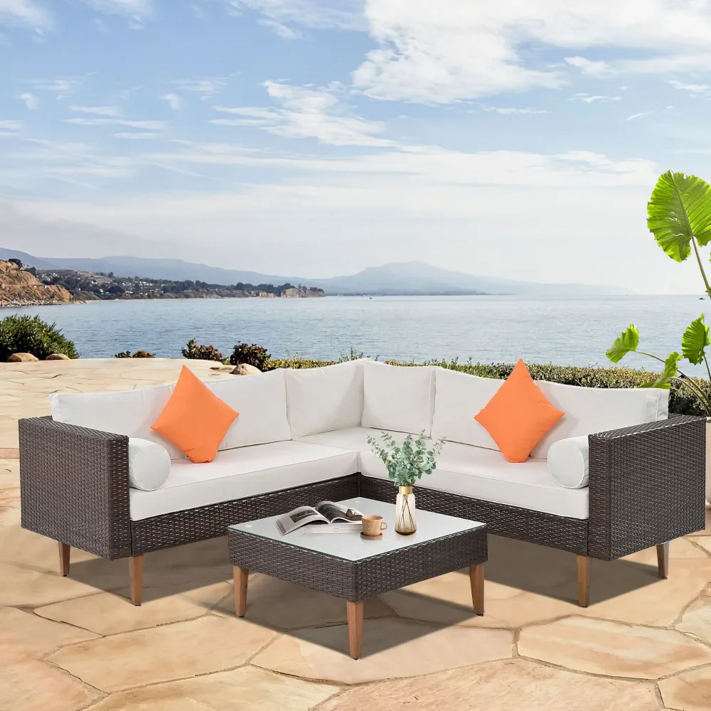 

4-pieces Outdoor Wicker Sofa Set, Patio Furniture with Colorful Pillows, L-shape sofa set, Beige cushions and Brown Rattan