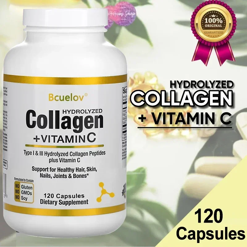 Bcuelov Hydrolyzed Collagen Capsules + Vitamin C, Type 1-3 Collagen, Helps Joint, Skin, Hair, Nails, Bone Health, Anti-Aging